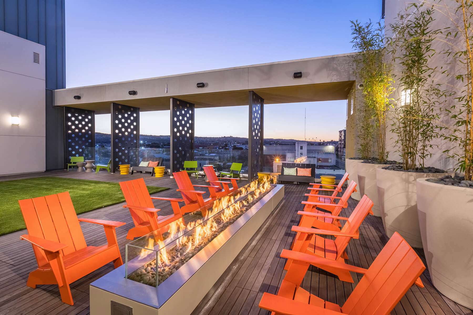 The rooftop terrace fire pit at the Altitude Apartments in San Francisco, California.